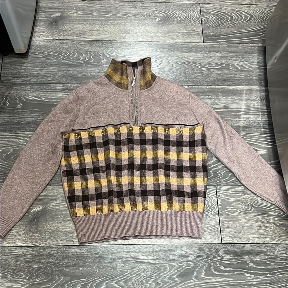 Kinross Cashmere Checkered Sweater in Brown and Gold